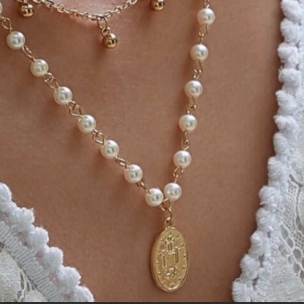 Gold Layered Pearl Oval Religious Medal Necklace - Picture 5 of 6